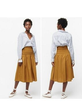 J. Crew Smocked-Waist Cotton Poplin Midi Skirt A-Line Gold Ochre Mustard Yellow